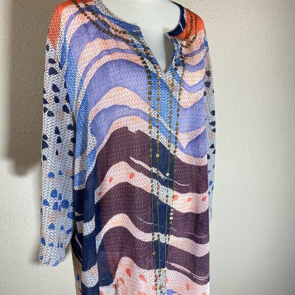 Chicos Whimsy Waves Violet Top Sz 3 XL Sheer Multicolor Artsy Flowy sequins - Picture 5 of 12